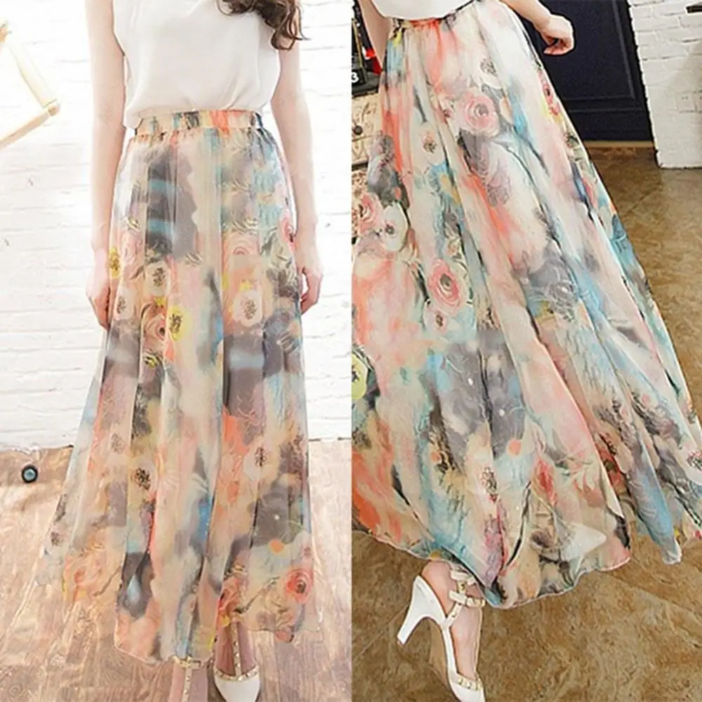 

Fashion Women Bohemian Chiffon Long Maxi Skirt Summer Beach Floral Skirt