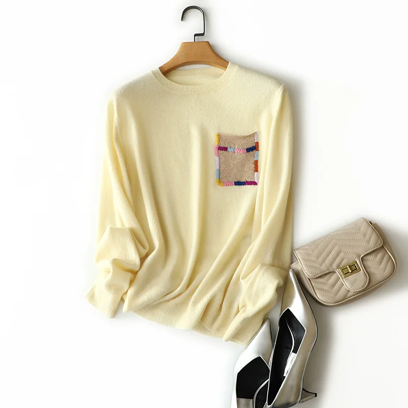 

SHUCHAN Pockets 100% Cashmere High Street Solid Sweater Women Pullover Women Clothes 2021 Korean Fashion Yelllow Pink