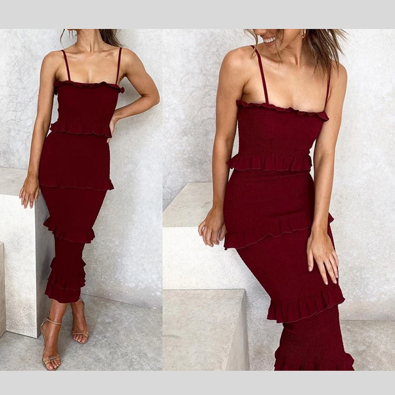 

Новинка 2020, летнее и осеннее однотонное сексуальное плиссированное платье с подтяжками, длинное платье, вечернее банкетное платье, 5 цветов