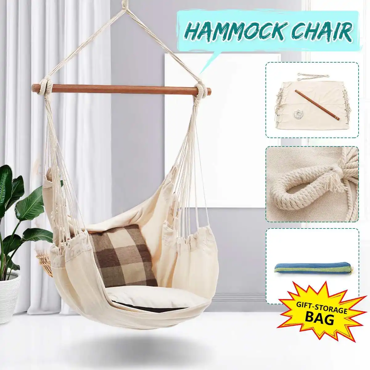 

125x104cm Portable Hanging Hammock Chair Swing Thicken Porch Seat Garden Outdoor Camping Patio Travel with Wooden Rod 150kg Load