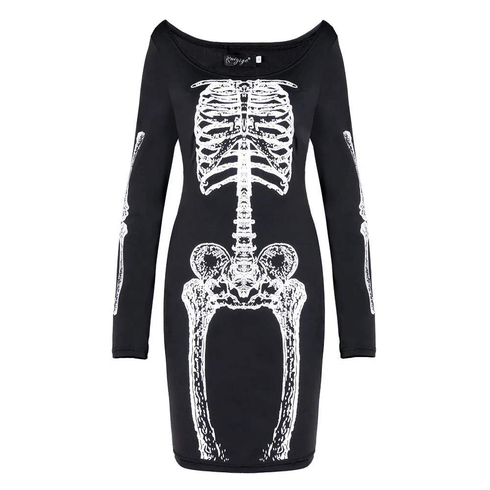 2019 Хэллоуин кошка череп печати Мини платье для женщин готический панк пуловер с