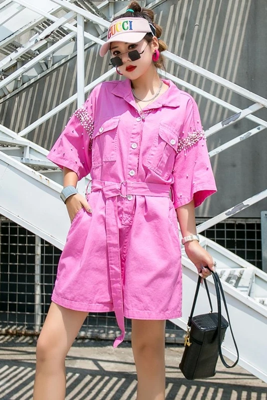 

Thailand tide brand heavy industry beaded denim jumpsuit shorts female net red waist was thin wide leg tooling jumpsuit