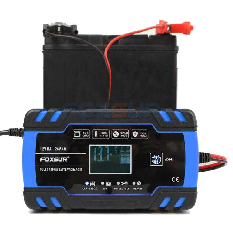 FOXSUR автомобиля Мотоциклетные батареи Зарядное устройство 12V 8A 24V 4A смарт-устройство для быстрой зарядки для AGM гель мокрый EFB свинцово-кислотный Батарея Зарядное устройство