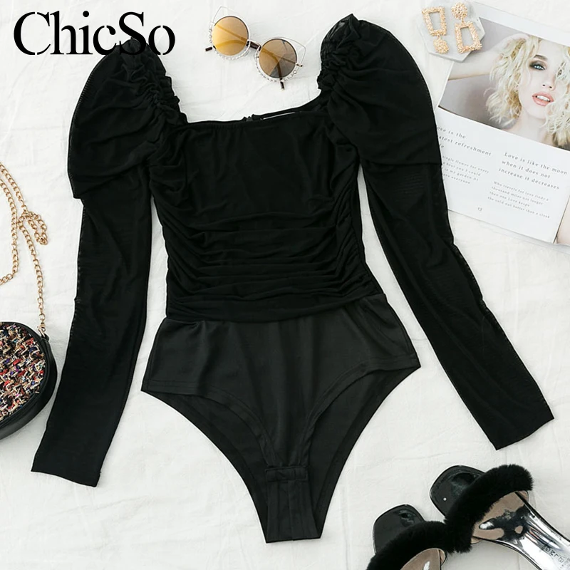 Женский прозрачный комбинезон из сетки MissyChilli черный с длинными рукавами и