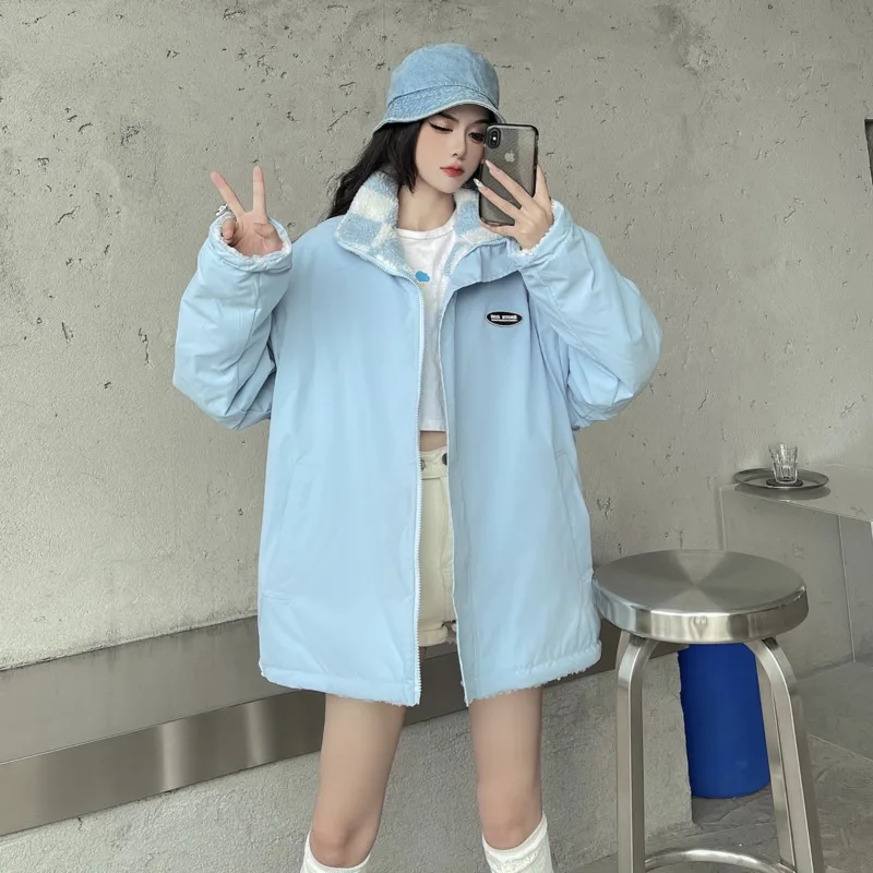 Зимняя женская куртка с сетчатым принтом плотная теплая двухсторонняя одежда