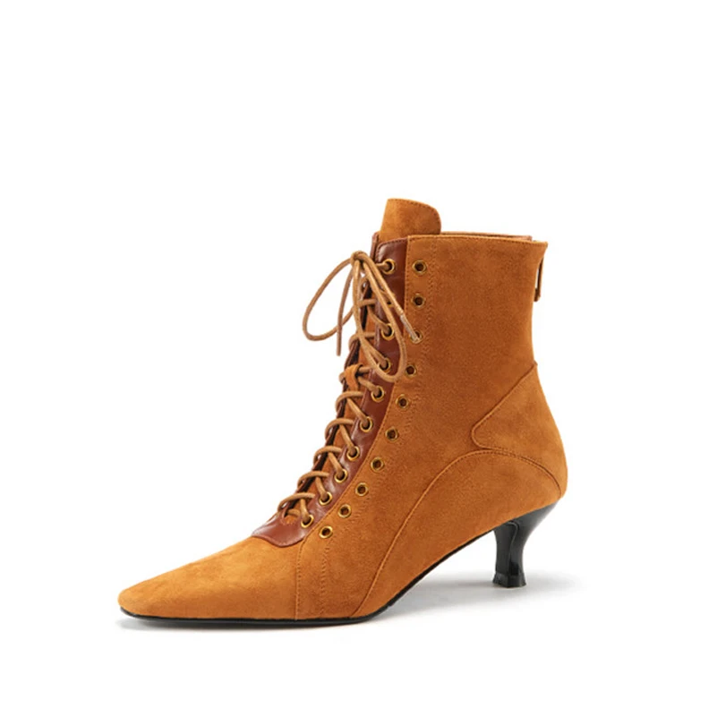 

FOREADA Med Heel Woman Boots Natural Genuine Leather Ankle Boots Lace Up Thin Heel Short Boots Zip Square Toe Female Shoes 33-40