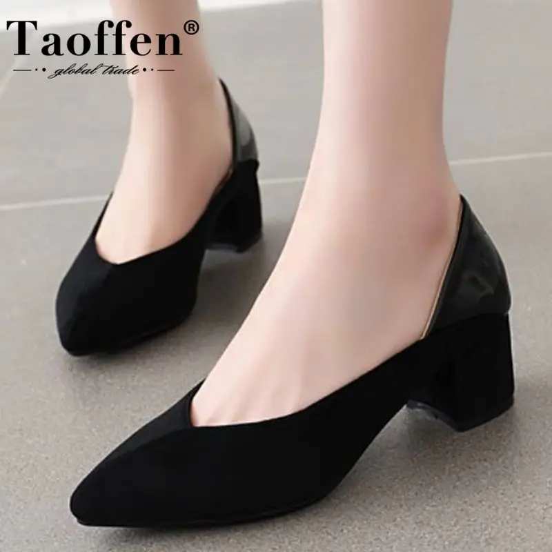 Женские туфли с острым носком Taoffen лодочки из флока на толстом среднем каблуке