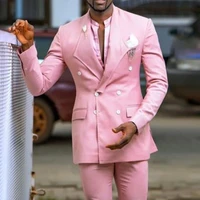 fashion men blazer pink notched lapel long sleeve double breasted button pocket casual coat young man spring for male colth