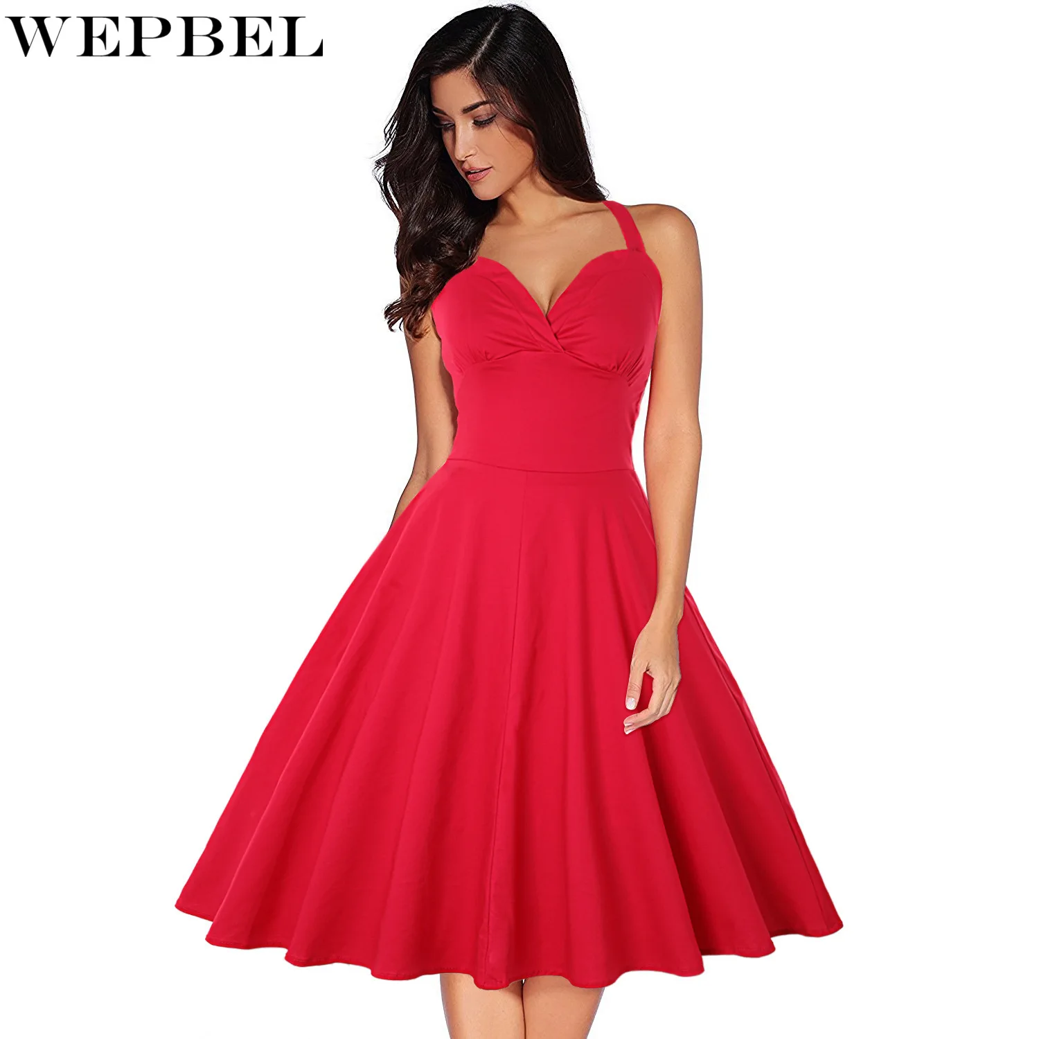 

WEPBEL Dress Women's Fashion Solid Color Slim Pleated Dress Summer Casual Backless V-neck Spaghetti Strap Halter Dress