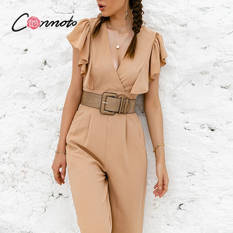 

Conmoto Solid Sexy V-neck Jumpsuit Casual Camel Ruffled Wide-leg Women Jumpsuits High Waist Sleeveless Office Lady Jumpsuit New