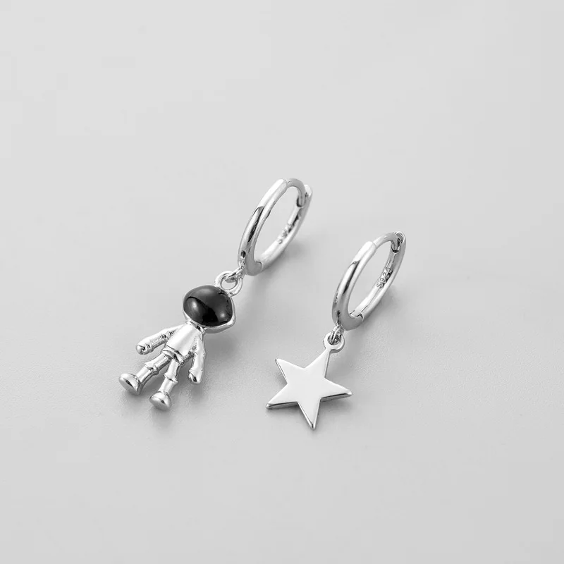 

Fashion Jewelley Asymmetry 925 Sterling Silver Astronaut Star Bead Stud Earrings For Women Pendientes eh532