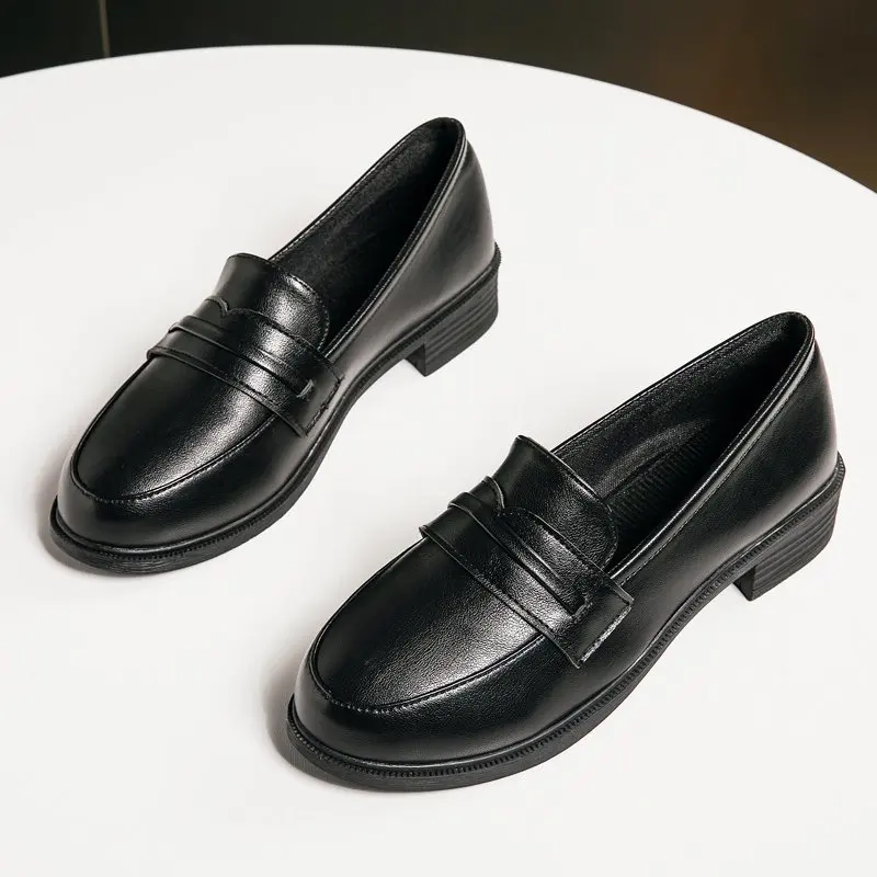 

2021 New Solid Leather Oxford Shoes for Women Shoes Woman Slip on Platform Shoes Women Round Toe Shallow Casual Shoes Plus Size