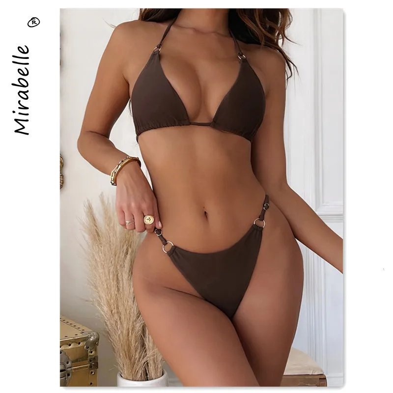 

MIRABELLE Solid Bikinis Sexy Women's Swimsuit 2021 Push Up Swimwear Halter Biquini Micro Thong Set New Beachwear Summer Women