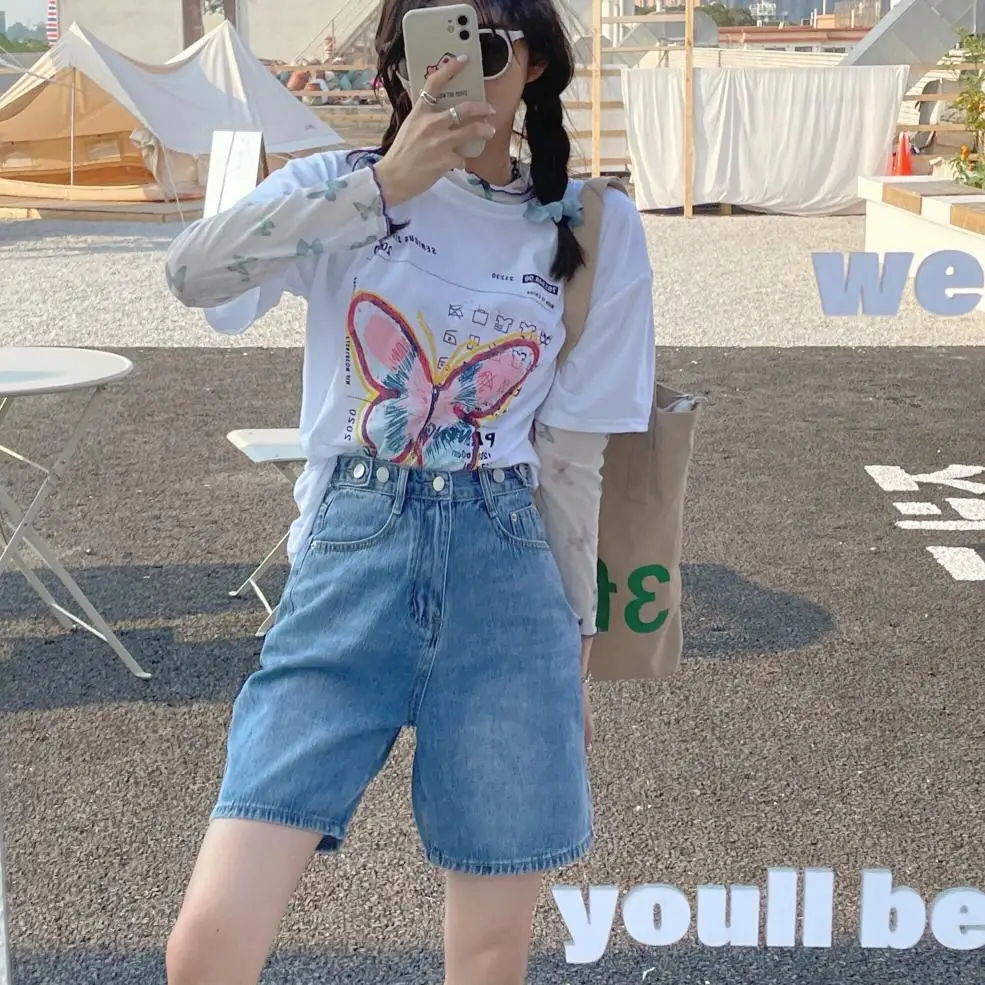 

Women Casual High Waist Straight Jeans Shorts Summer Female Blue Denim Shorts Ladies Bottoms fashion Wholesale