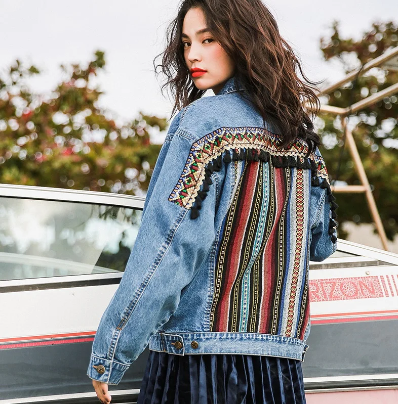 Boho вышивка джинсовые куртки для женщин с длинным рукавом Повседневная Верхняя