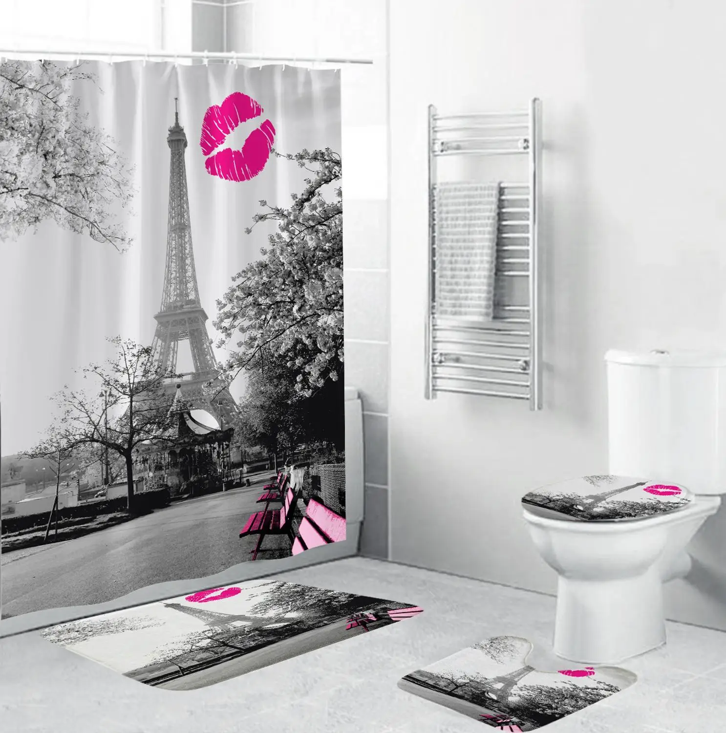 retro paris tower print shower bath curtain bathroom accessories 4 piece set soft high quality toilet mat pad home decor free global shipping