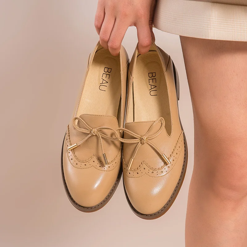 BeauToday/кожаные лоферы Женские Броги из телячьей кожи с круглым носком и бантом