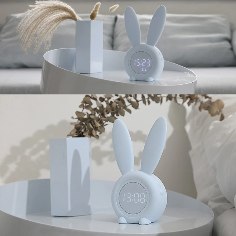 

Cute Rabbit Timer Alarm Clock Sound And Light Control Night Light Temperature Calendar Rechargeable For Children Gift L9
