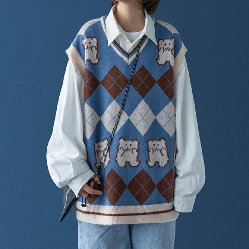 

Deeptown Japanese Style Argyle Sweater Vest Women Vintage Cartoon Print Oversize Knitted Jumper Female Sleeveless Pullover Fall