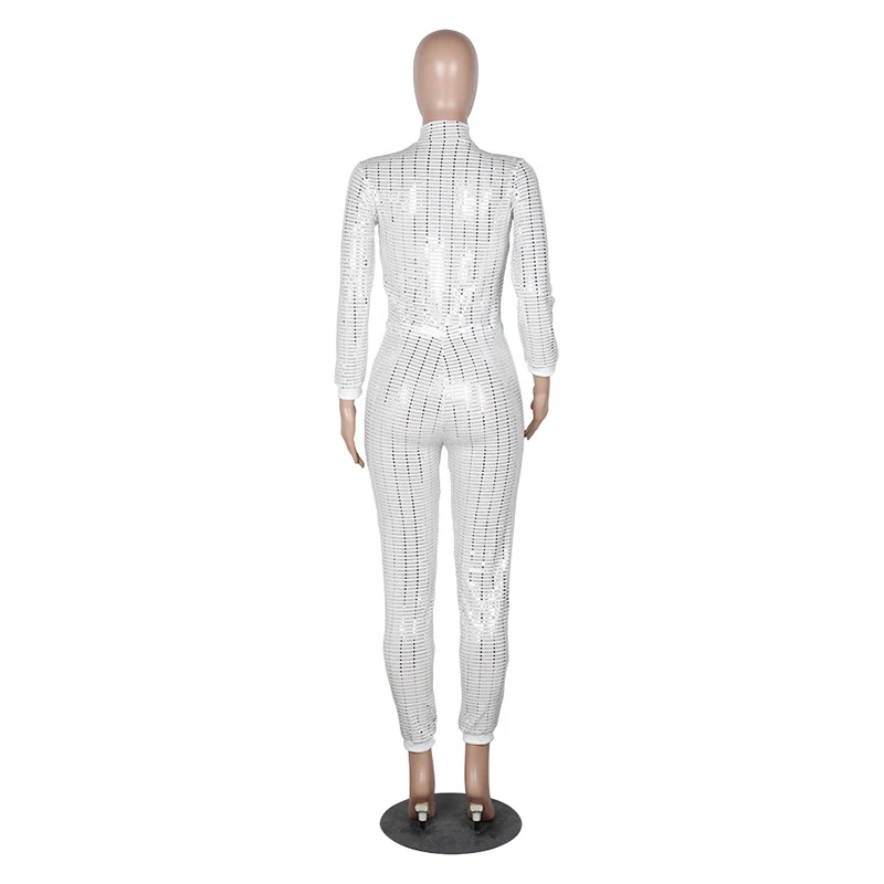 

Sexy Club Sequin Romper Women Front Zipper Up Bodycon Long Sleeve Bodysuit Fall 2021 Party Clubwear High Waist Long Jumpsuits