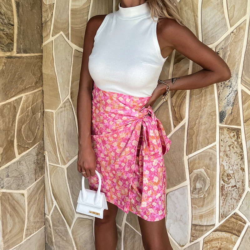 

Summer Mini Skirt Floral Print Women High Waist A-Line Flowers Bandage Short Skirt Holiday Casual Female Skirt Faldas 2021 New
