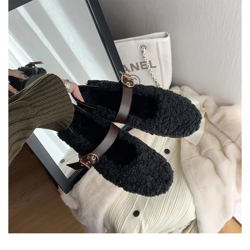 

2021 Autumn and Winter Plush Shoes Female New Style Plus Velvet One-word Buckle Belt Shallow Mouth Flat Solid Color Beanie Shoes