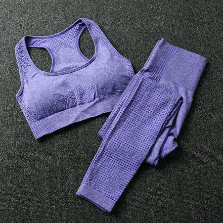 Purple Bra 2Pcs Женский бесшовный комплект для йоги, колготки, мягкий спортивный бюстгальтер пуш-ап+ укороченный топ с длинными рукавами+ леггинсы для фитнеса с высокой талией, спортивный костюм для фитнеса - Цвет: Purple Bra 2Pcs
