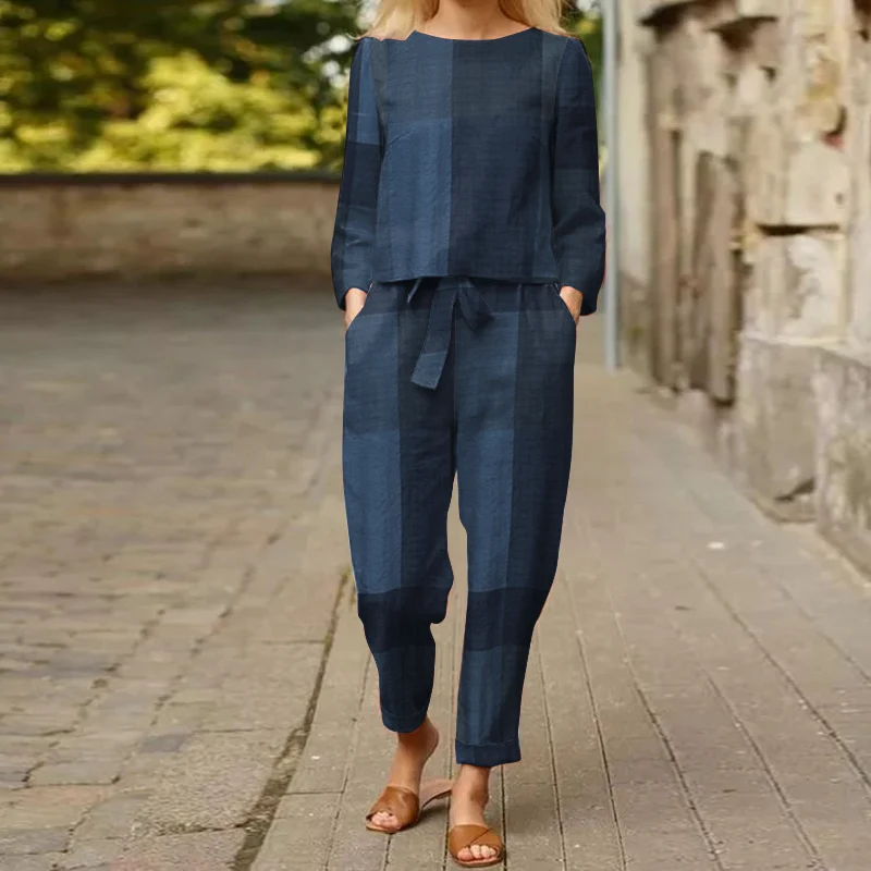 

Комплект ZANZEA женский с длинным рукавом, винтажный комплект из 2 предметов, брюки в клетку, свободные штаны в стиле оверсайз, осень