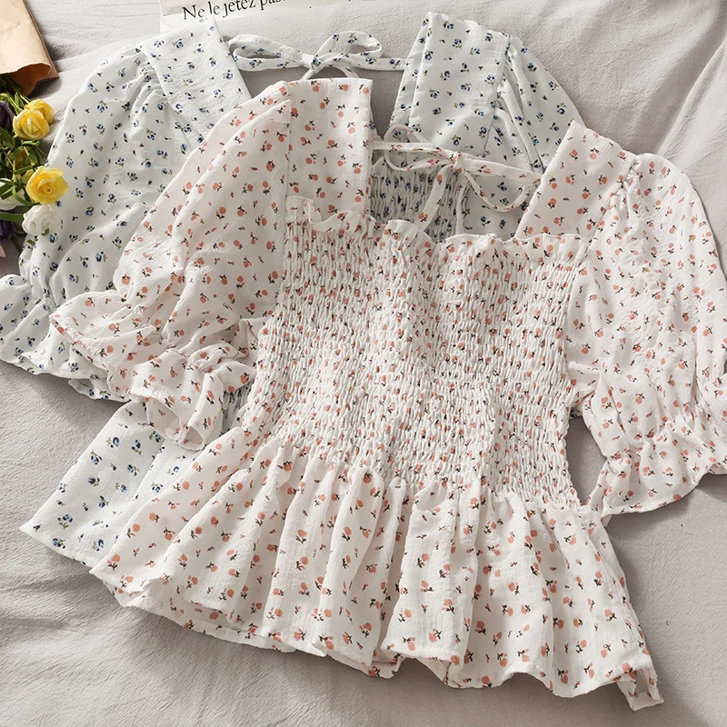 Милая свежая женская рубашка Cuihua с квадратным воротником и коротким рукавом