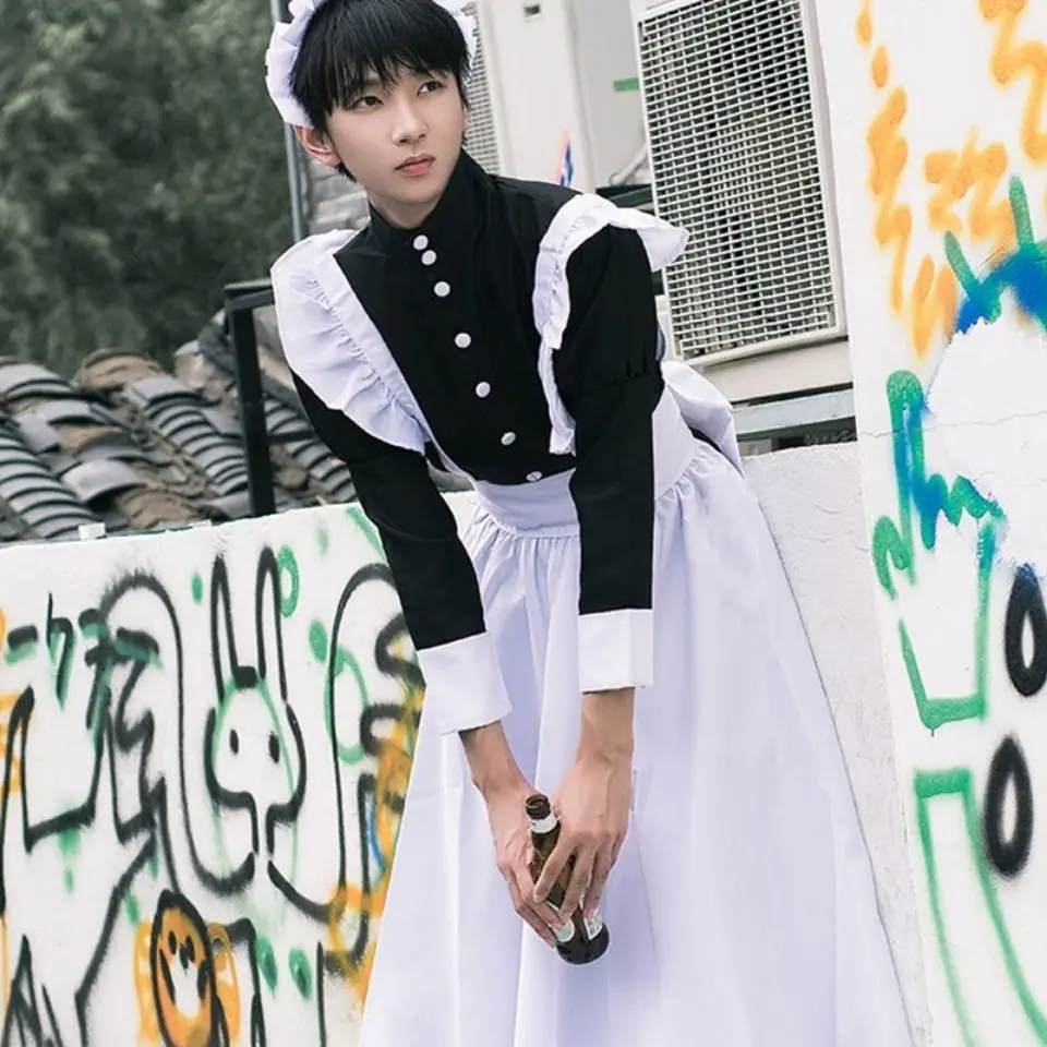 Men's Women's Maid Dress Anime Cosplay French Restaurant Long Style Costume Apron Dresses Black White Ouji Skirt | Тематическая