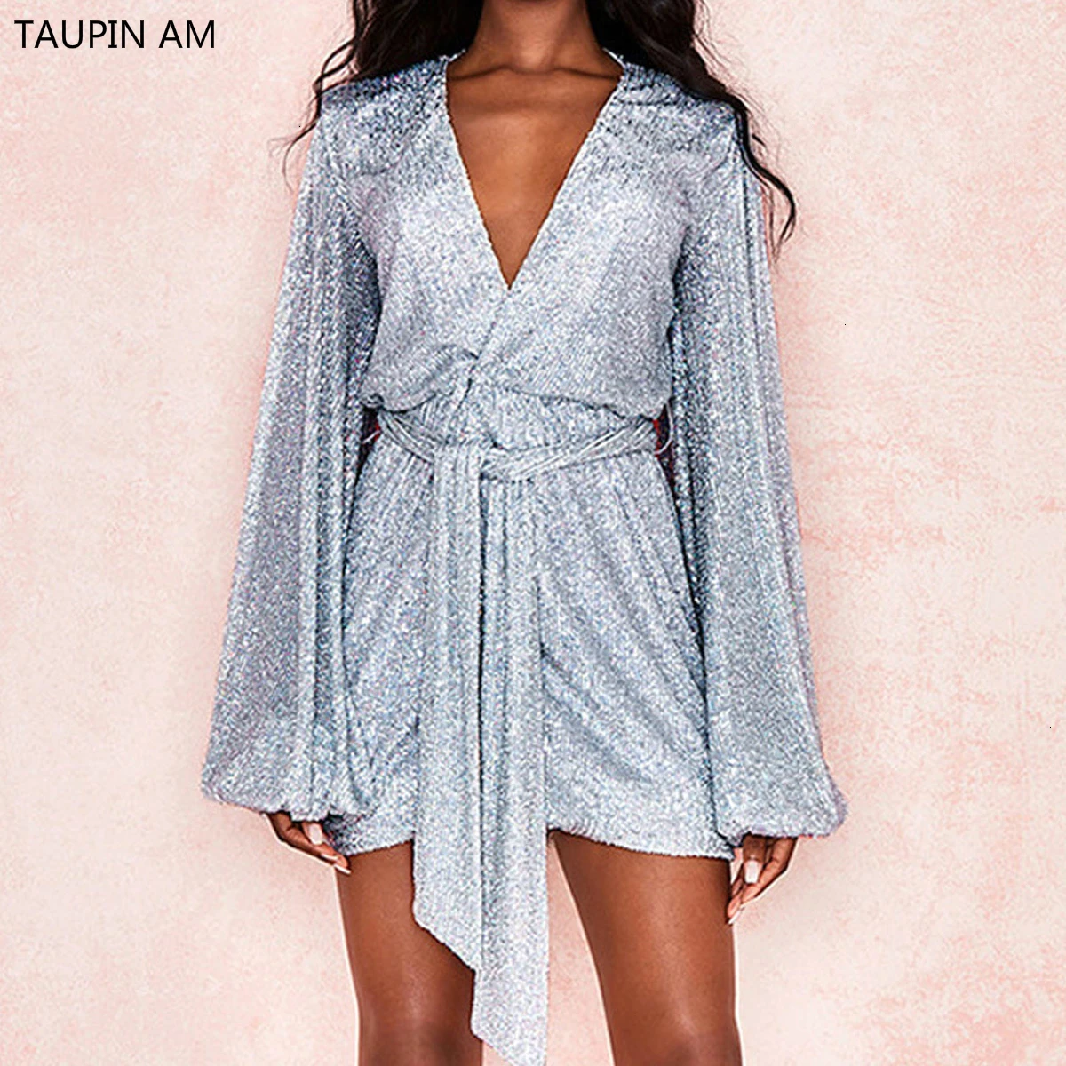 

2019 Sexy Sequin Party Dress Women Deep V Neck Mini Dress Club Long Sleeve Bandage Dresses Ladies Femme Vestidos