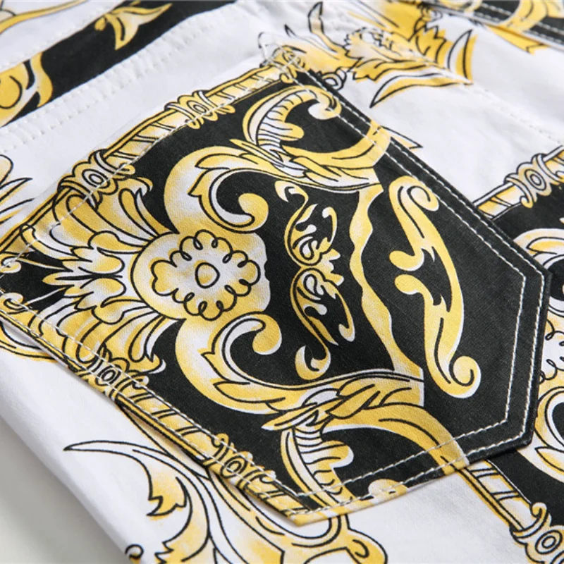 2021 New Fashion Yellow Flowers Print Stylish Men Slim Jeans Trousers Hip Hop Denim Pencil Pants For Nightclub Pantalones Hombre