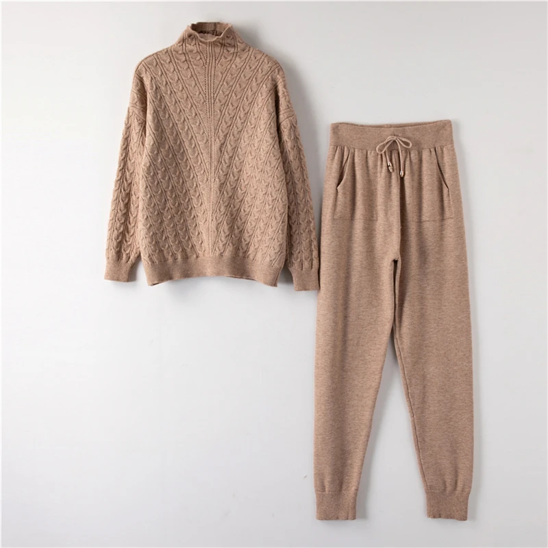 H01-Light Khaki Водолазка, пуловер, свитера, трикотажные штаны, костюм из двух частей, комплекты для женщин на осень и зиму, теплый вязаный спортивный костюм, женский спортивный костюм - Цвет: H01-Light Khaki