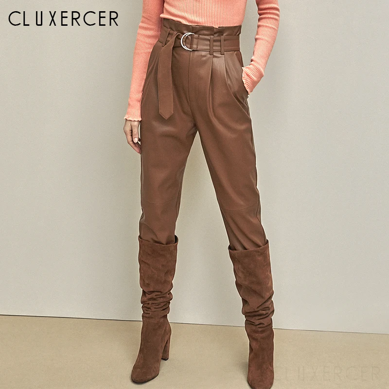 Женские брюки из искусственной кожи повседневные офисные с высокой талией и