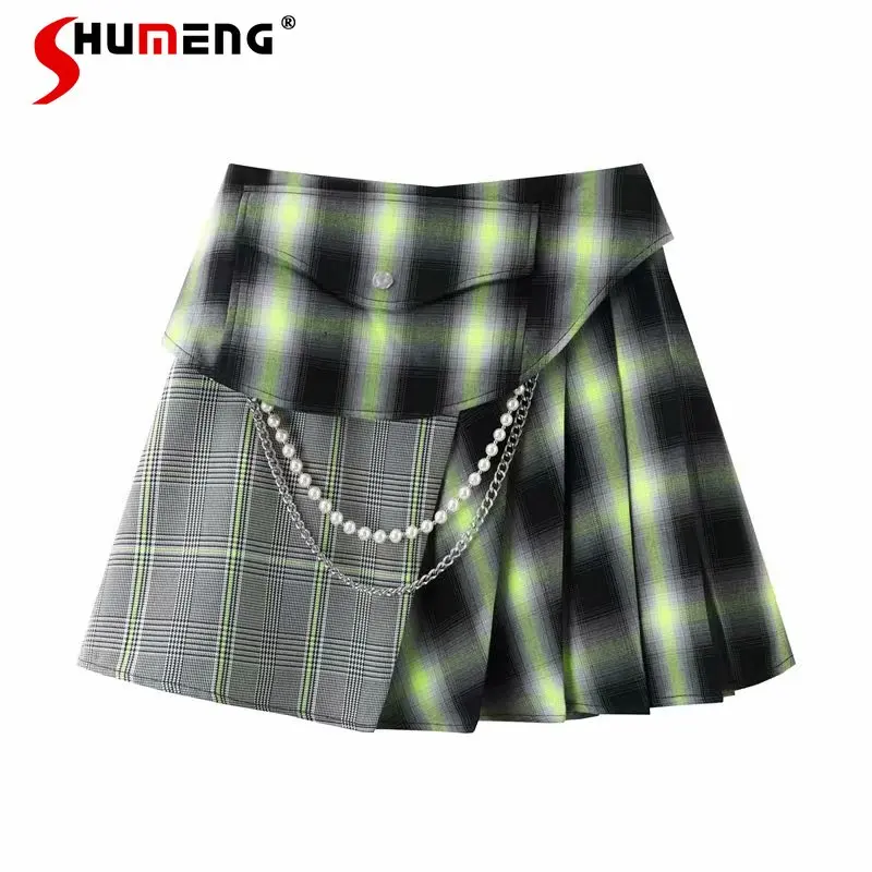 

Женская юбка миди в клетку, элегантная клетчатая юбка миди с декоративными цепочками, украшенная бисером, флуоресцентного зеленого цвета, л...