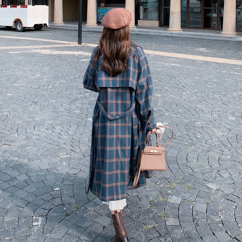 

Plaid Windbreaker For Women 2020 New Spring Autumn Korean Loose Slim Belt Over The Knee Trench Coat Plus Size Outcoat Blue W2194