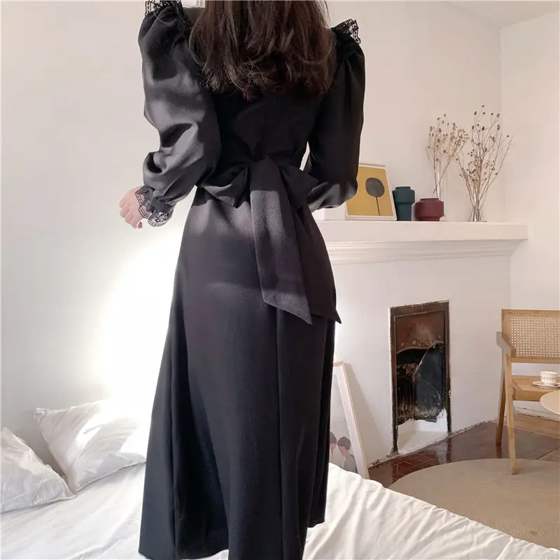 

Elegant Dress Women Casual Puffer Sleeve Slim Lace One Piece Dress Korean 2021 Spring Y2k Vintage Fairy Dress Female Kawaii
