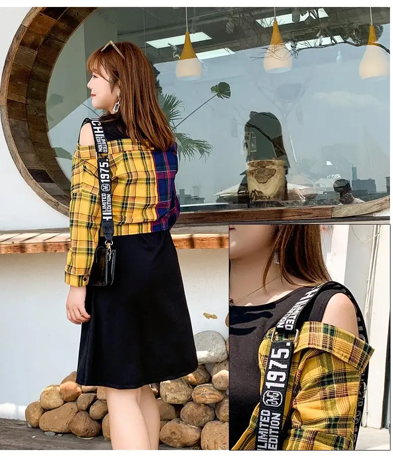 

5xl patchwork t-shirt dress women large size spring plaid dress casual off shoulder Korean style dress loose plus size dresses