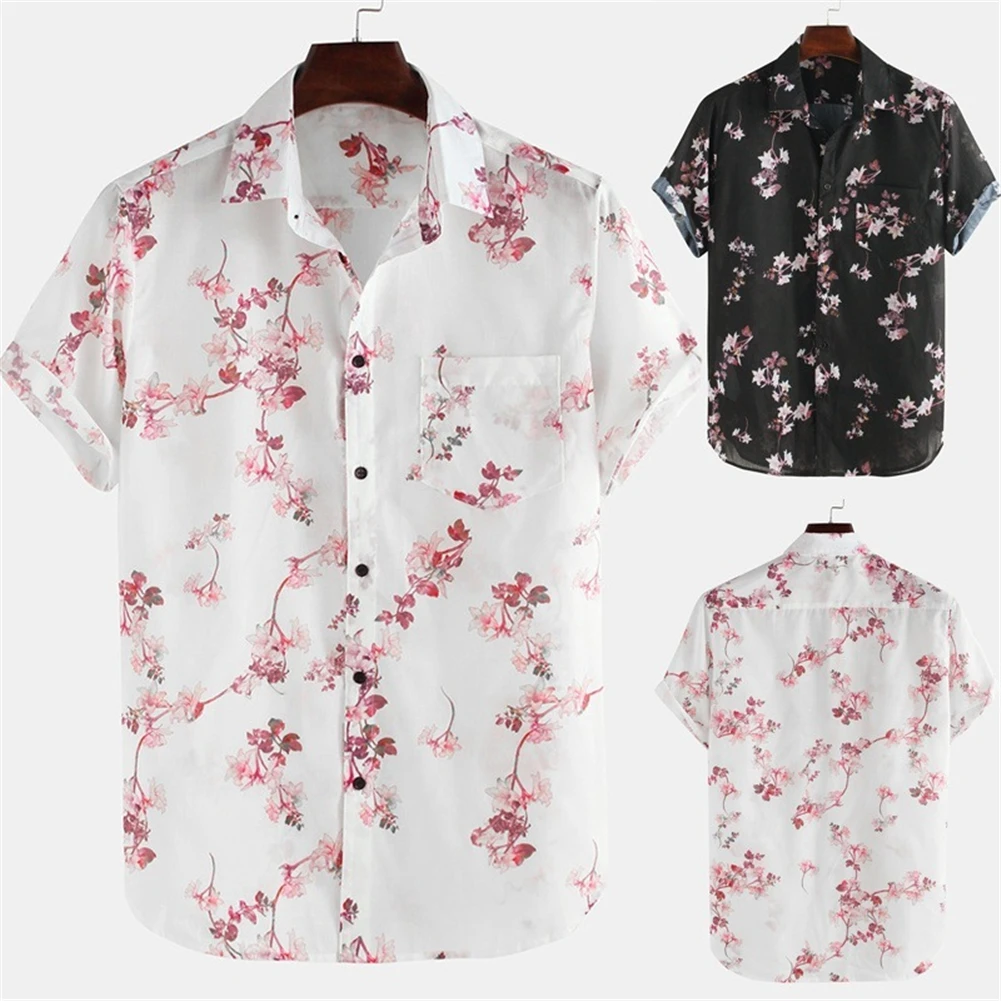 

2021 Summer New Men Short Sleeve Shirt Flower Printed Slim Tops Vintage Button Down Shirt Holiday Casual Comfortable clothes