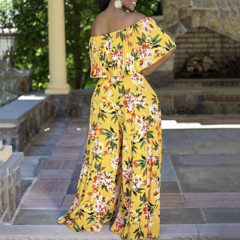 

Boho Floral Print Jumpsuit Women 2021 Summer Long Jumpsuits Sexy Off Shoulder Loose One-piece Ladies Trips Beach Overalls Loose