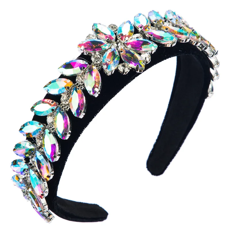 

2020 new baroque super flash fashion hairband leaf flower accessories inlaid super flash glass diamond gold hair band women