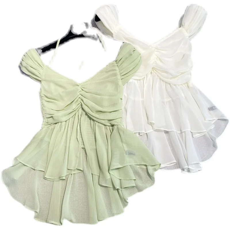 

Sleeveless Blouse Women 2021 Summer New Temperament Sexy V-neck Ruffled Solid Color Camis Chiffon Shirt Female Holiday Top