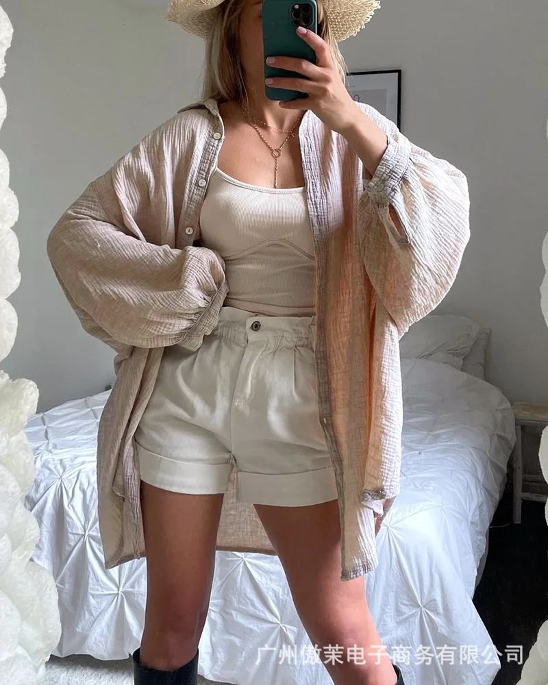 

2021 women's autumn new dress light gray cotton linen loose shirt skirt