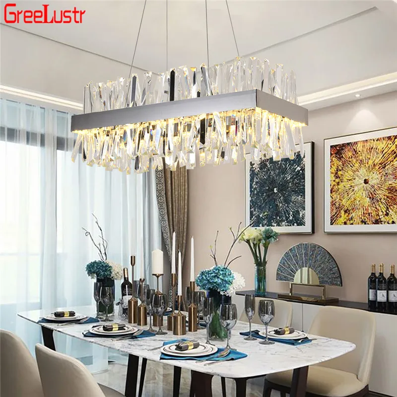 

Luxury K9 Crystal Led Chandeliers Lighting Modern Chrome Rectangle Hanging Lampara for Home Loft Deco Suspension Luminaire