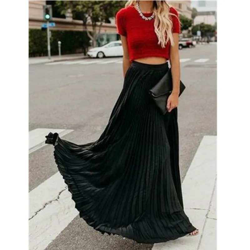 Юбка-макси Женская Плиссированная модная длинная однотонная Повседневная