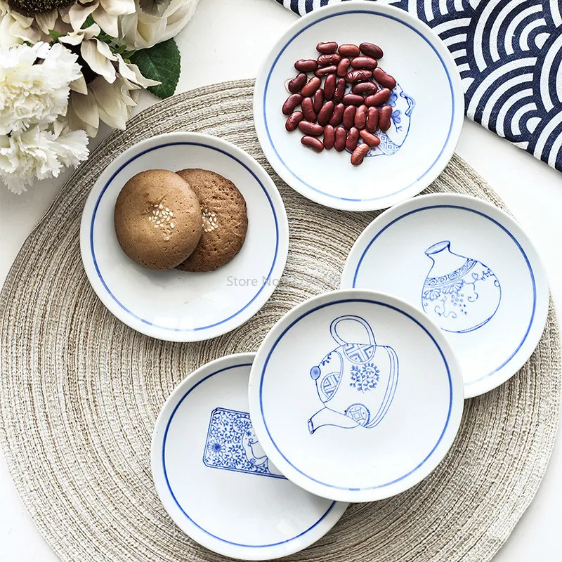 

Blue and White Impression Plate Japanese Ceramic Dessert Fruit Cake Multi-purpose Plate Japanese Tableware Small Plate