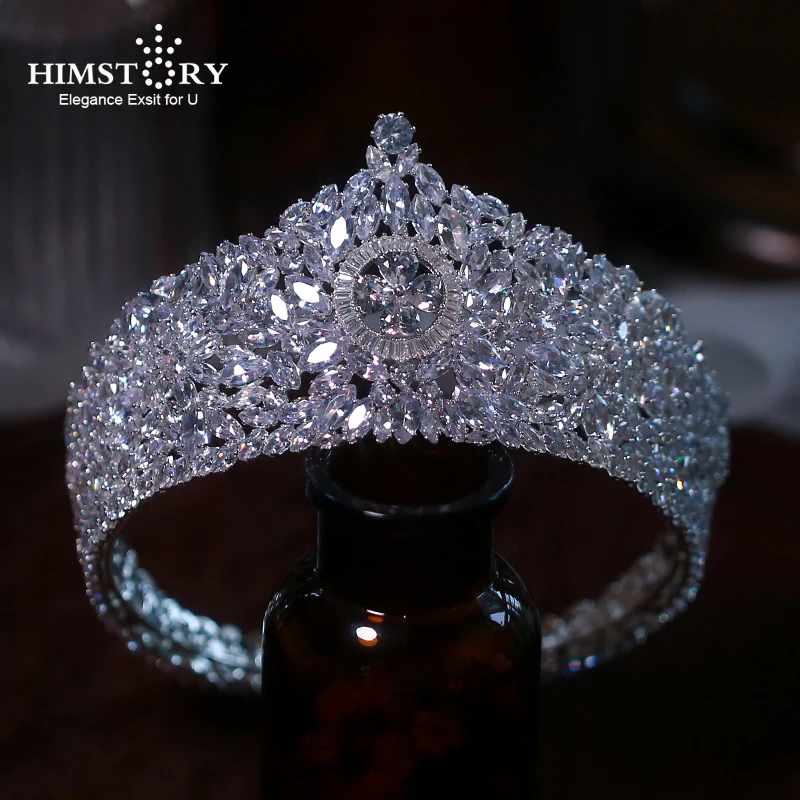 

HIMSTORY New Luxury Zirconia Crown Queen Round European Bride Wedding Crystal Tiara Ceremony Headdress HEadpiece Accessories