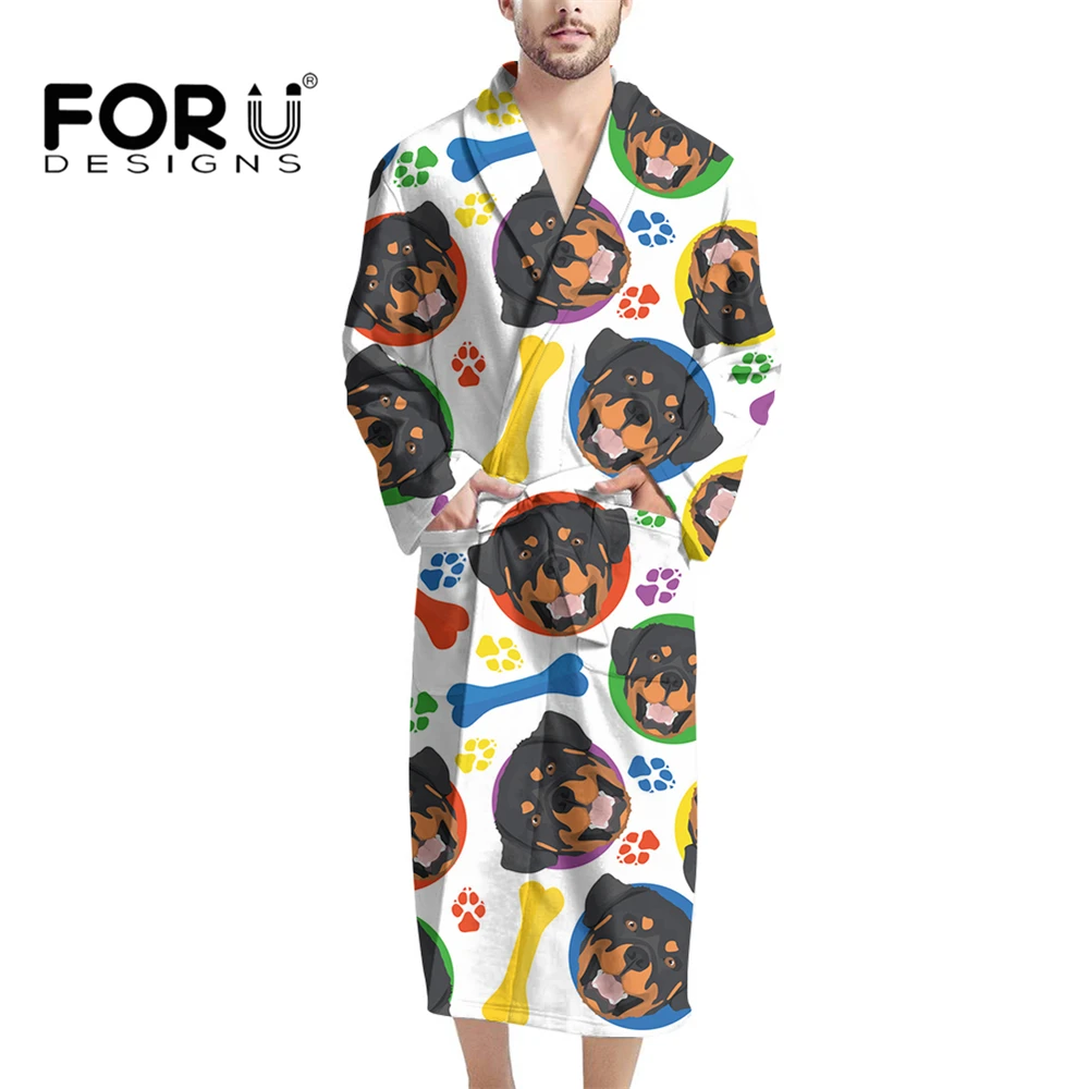 

FORUDESIGNS Bathrobe Smiling Dog Black Rottweiler And Claws For Mens Loungewear Kimono With Three Colors Luxury Spa Hotel Robe