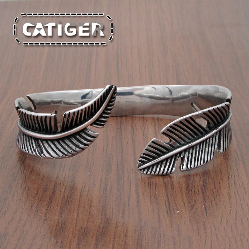 Винтажные 316L нержавеющая сталь перо Форма открытый жесткий браслет для мужчин