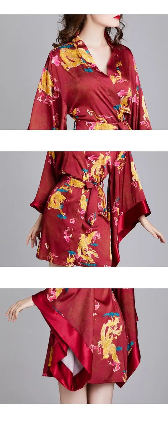 

Hot Sale Red Summer Satin Kimono Bathrobe Women Bride Bridesmaid Wedding Robe Dress Gown Sexy Flower Long Sleepwear M-XL